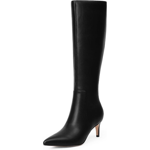 Shoes - Women's Black 1 Tall Boots Pointed Toe Kitten Heel Side Zipper Knee High Boots